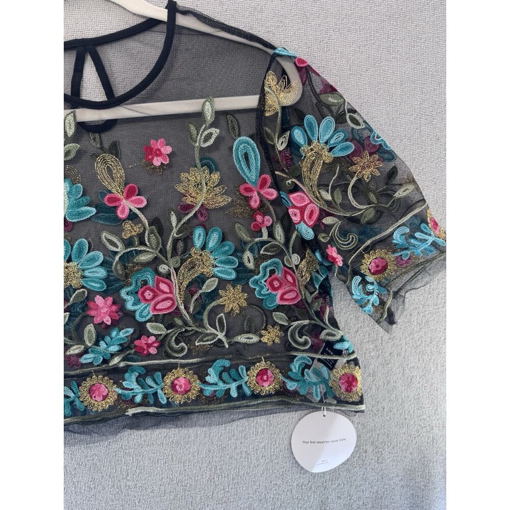 SHEIN VCAY Embroidered Floral Mesh Crop Top Women’s XL Black Sheer NWT - Picture 13 of 14